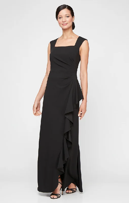 maxi dresses under $50Long Square Neck Crepe Dress with Cascade Ruffle Detail