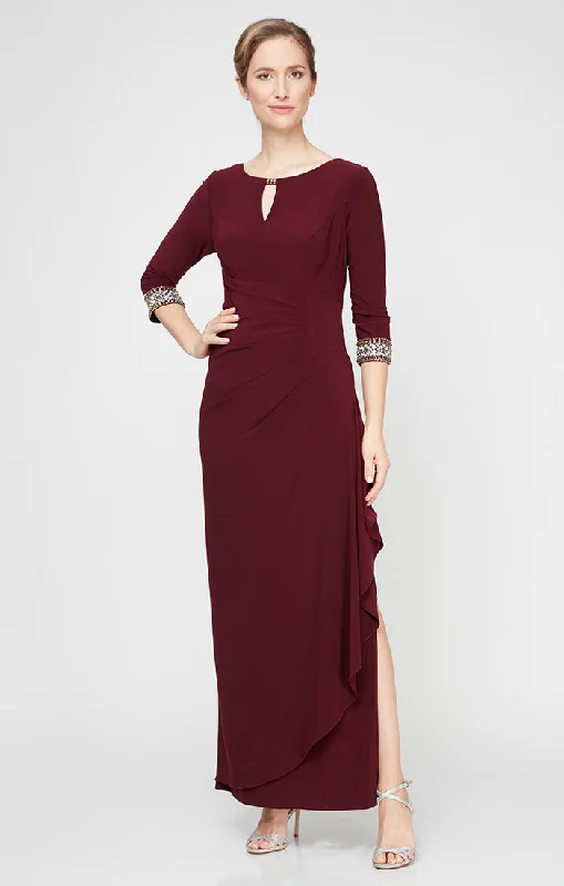 cotton maxi dressesLong A-Line Jersey Dress with Side Ruched Cascade Skirt, Keyhole Cutout Neckline and Embllished Sleeves/Neckline