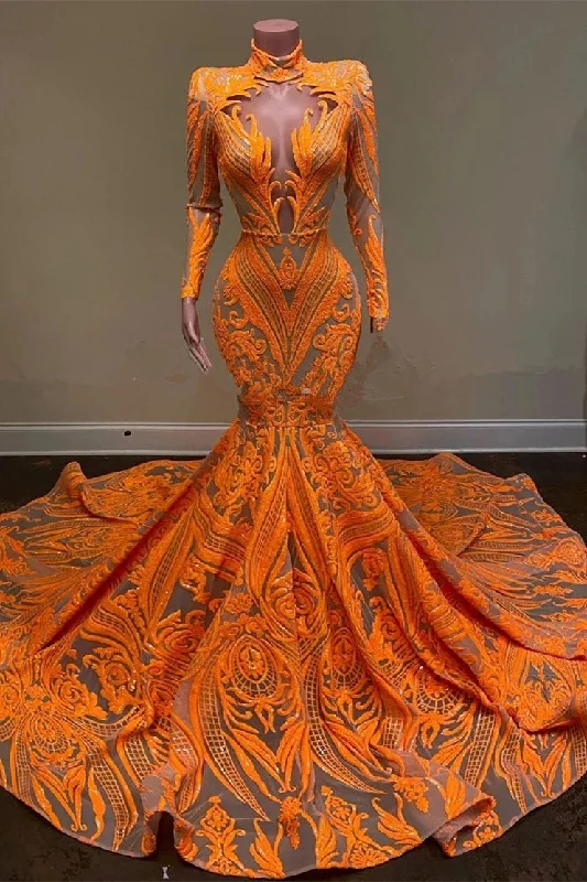 prom dress cleaningOrange Long Sleeves Mermaid Prom Dress Sequins Lace gh630