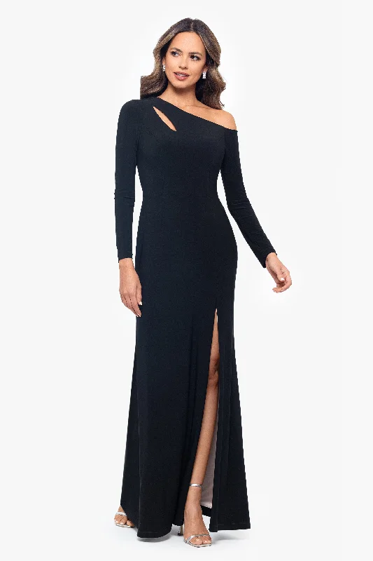 maxi dresses for black-tie events"Leona" Long Jersey Knit Contrast Lining Off the Shoulder Dress