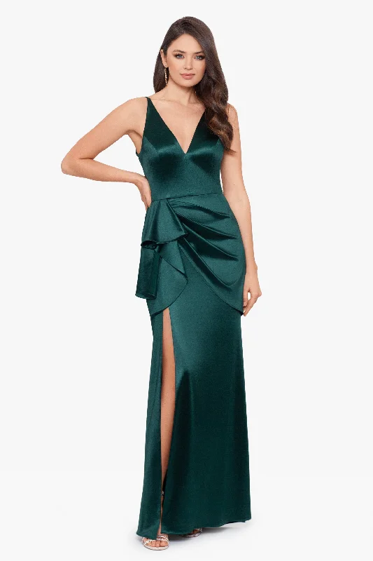 satin maxi dresses"Robin" Long Satin V-Neck Ruffle Dress