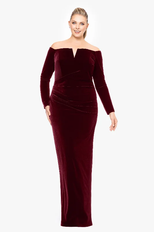 maxi dresses for date nightsPlus "Christy" Long Off the Shoulder Velvet Dress