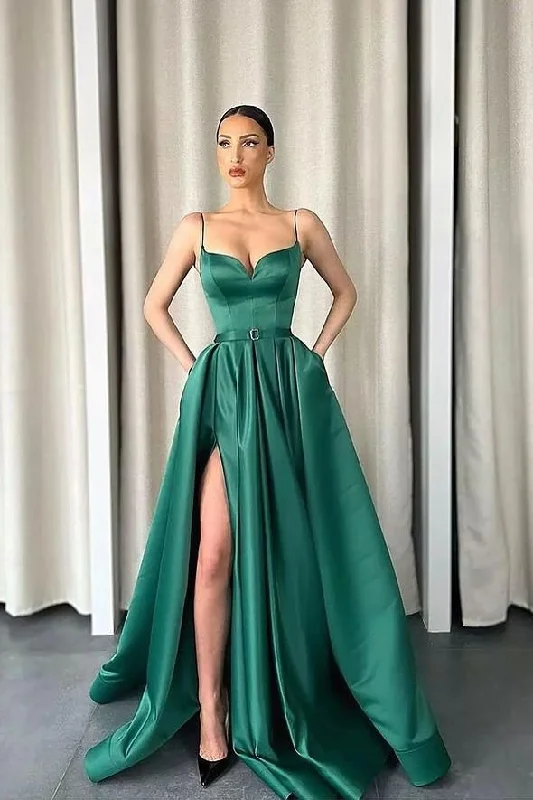 prom dress style guidesDark Green Spaghetti-Straps V-Neck Long A-Line Prom Dress With Split gh720