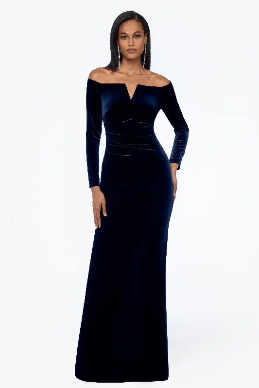 maxi dresses with cap sleeves"Christy" Long Off the Shoulder Velvet Dress