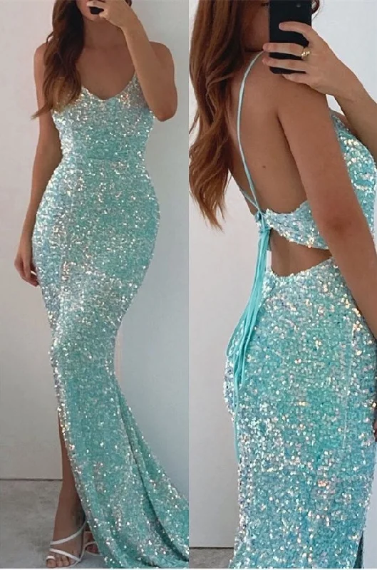 animal print prom dressesSpaghetti-Straps V-Neck Long Mermaid Prom Dress Split With Sequins  gh770