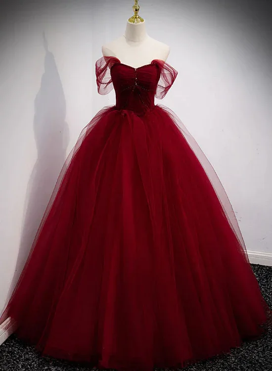 sleeveless prom dressesGorgeous Wine Red Tulle Ball Gown Long Prom Dress Formal Dress, Burgundy Sweet 16 Dresses  gh14