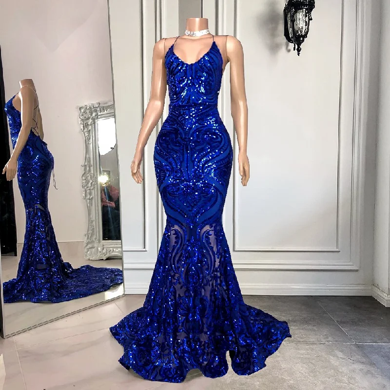 affordable prom dressesSpaghetti-Straps Royal Blue Long Mermaid Prom Dress With Sequins | Ballbellas gh1795