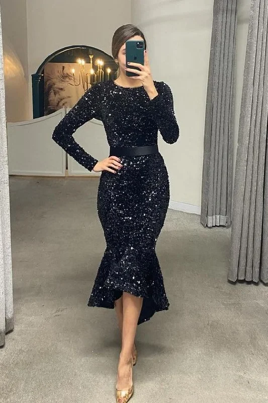 prom dresses with lace appliquésLong Sleeves Mermaid Sequins Prom Dress Online With Belt gh739