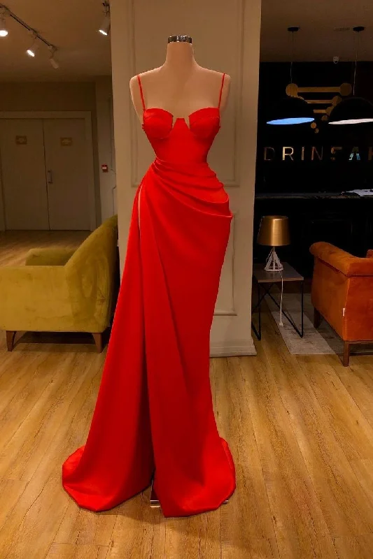 two-piece prom dressesRed Spaghetti-Straps Mermaid Prom Dress With Split gh665