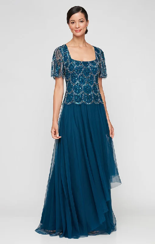 maxi dresses with pocketsLong Hand Beaded Mock Dress with Square Neckline, Asymmetric Cascade Overlay Skirt and Short Sleeves