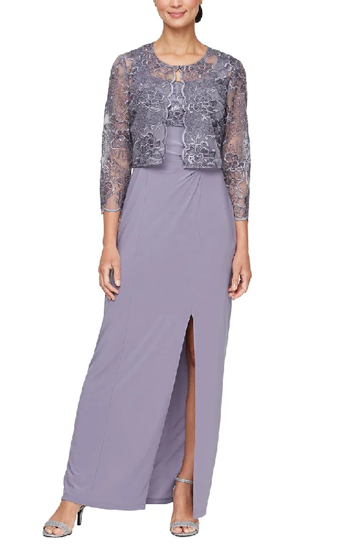 maxi dresses for destination weddingsLong Scoop Neck Jacket Dress with Embroidered Bodice and Hook Neck Closure Jacket