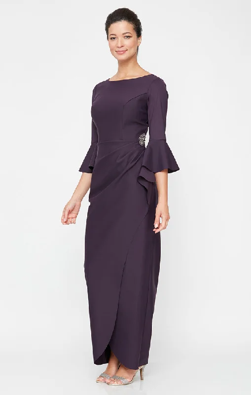 maxi dresses for garden partiesCompression Collection Long Sheath Dress with Bell Sleeves, a Cascade Ruffle Tulip Hem Skirt & Embellishment Detail at Hip