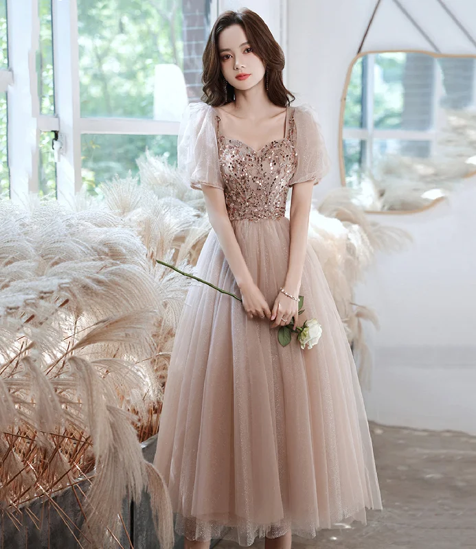 thigh-high slit prom dressesChampagne tulle beads short prom dress homecoming dress  8989