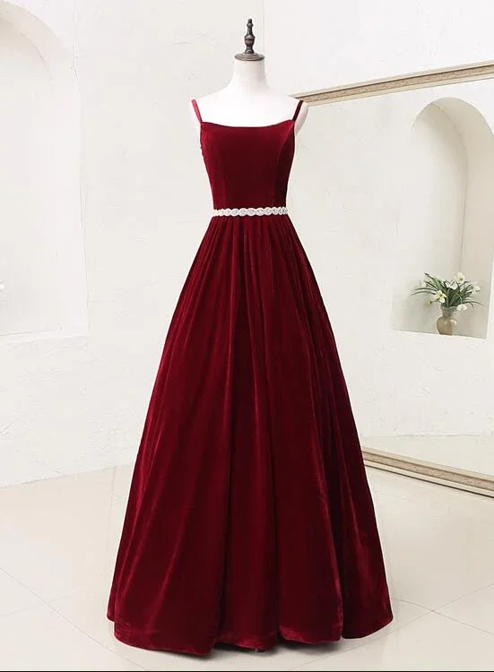 sparkly prom dressesElegant Straps Velvet Long Formal Dress With Belt, Long Prom Dress gh446