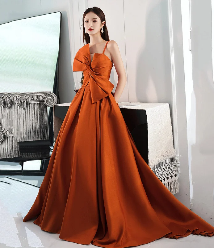 fitted prom dressesOrange satin long prom dress with bow A line formal dress  10568