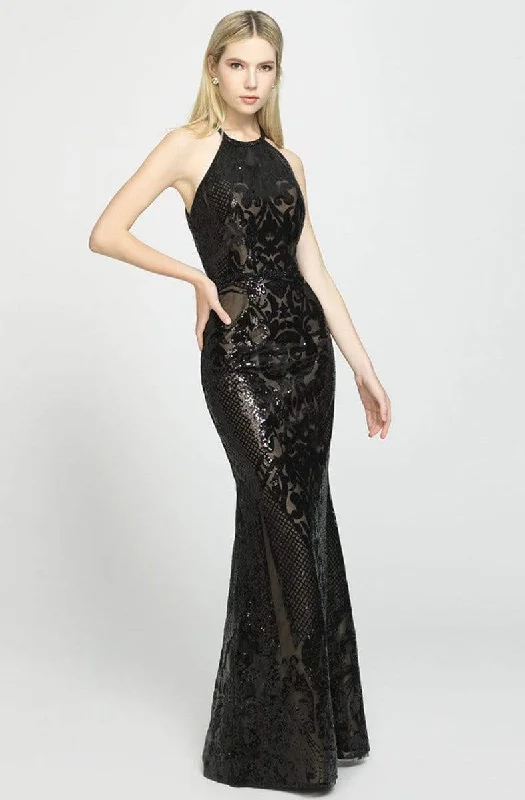 Sleeveless Dress In WovenMadison James - Sleeveless Sequined Halter Trumpet Dress 19-173SC