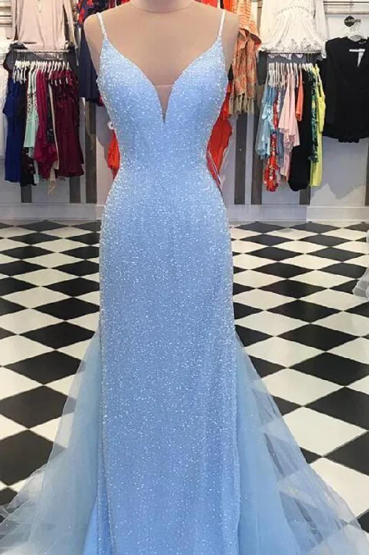 prom dress try-on ideasSparkly Open Back V Neck Spaghetti Straps With Prom Dress gh1010