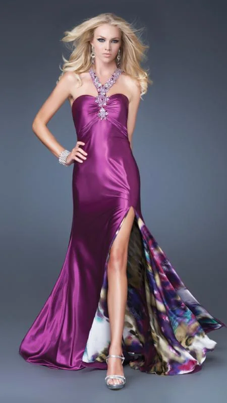 Sleeveless Dress For EveningLa Femme - Sleeveless Embellished Halter Satin Dress 16110