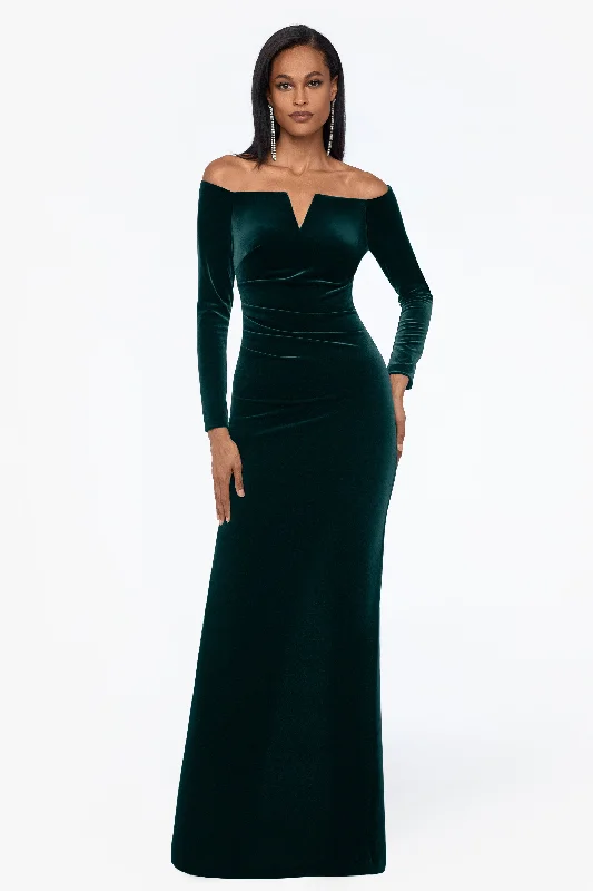 maxi dresses for casual strolls"Christy" Long Off the Shoulder Velvet Dress