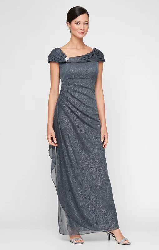 maxi dresses for casual strollsLong Glitter Mesh Sleeveless L-Neck Dress with Embellished Ruched Neckline and Cascade Detail Skirt