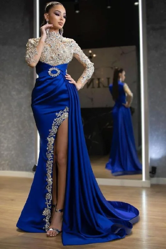 lace-up prom dressesRoyal Blue Long Sleeves Beadings Mermaid Prom Dress Split With Ruffles gh760