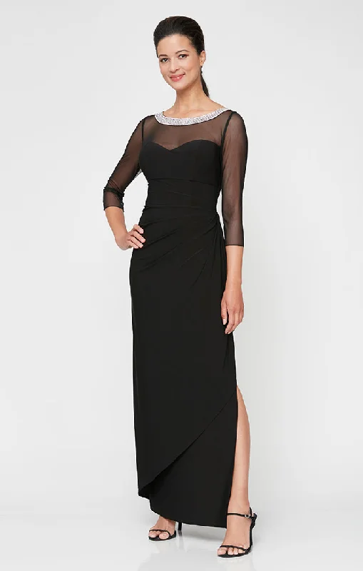 maxi dresses for outdoor weddingsLong Matte Jersey Illusion 3/4 Sleeve Side Ruched Dress with Embellished Neckline