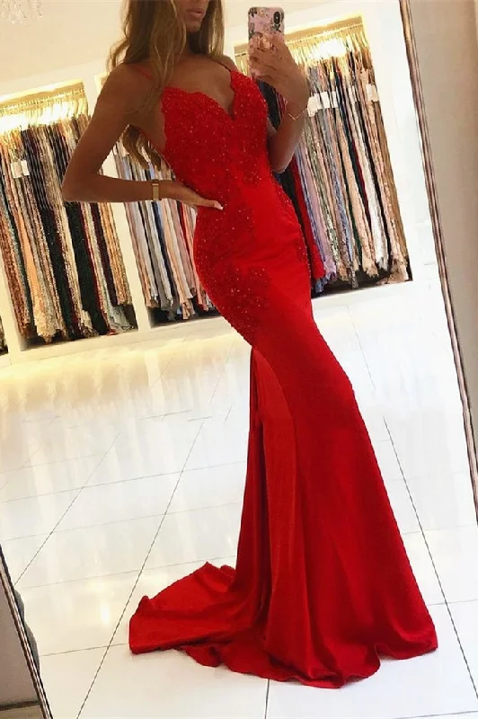 prom dresses with floral embroideryRed Spaghetti-Straps Mermaid Prom Dress With Appliques gh641