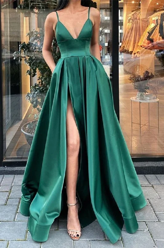 empire waist prom dressesDark Green Prom Dress Split With Pockets  gh686