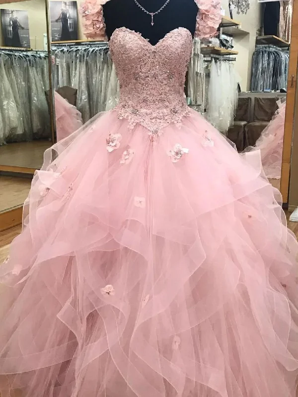 beaded prom dressesPink Sweetheart neck tulle lace long prom dress, sweet 16 dress gh905