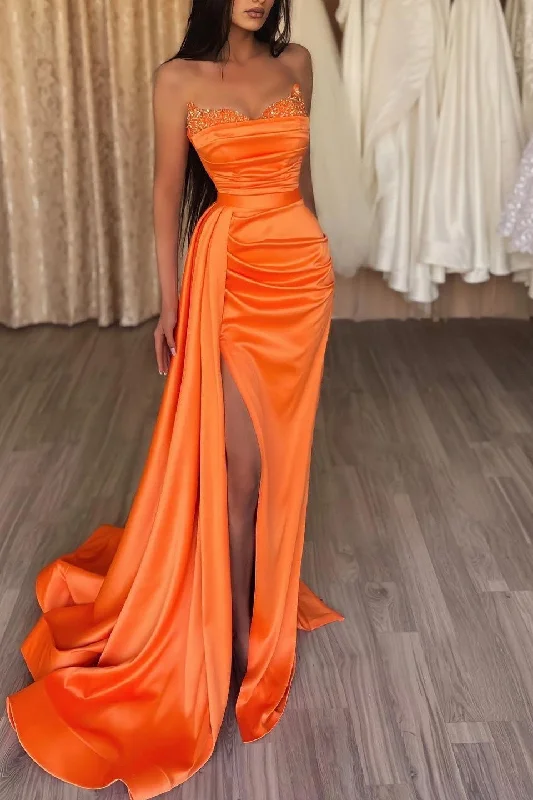 prom dresses with built-in petticoatsOrange Strapless Long Mermaid Prom Dress Split With Ruffles  gh750