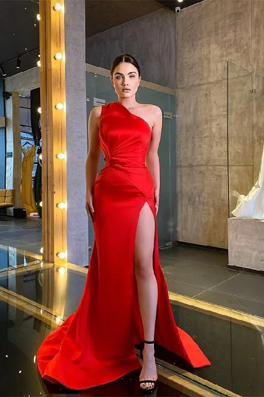 plus-size prom dressesRed One Shoulder Sleeveless Mermaid Prom Dress With Split gh783