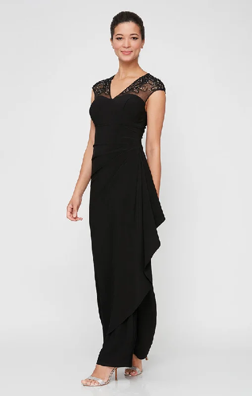 satin maxi dressesLong Empire Waist Dress with Embellished and Embroidered Illusion Neckline/Back Detail and Cascade Detail Skirt