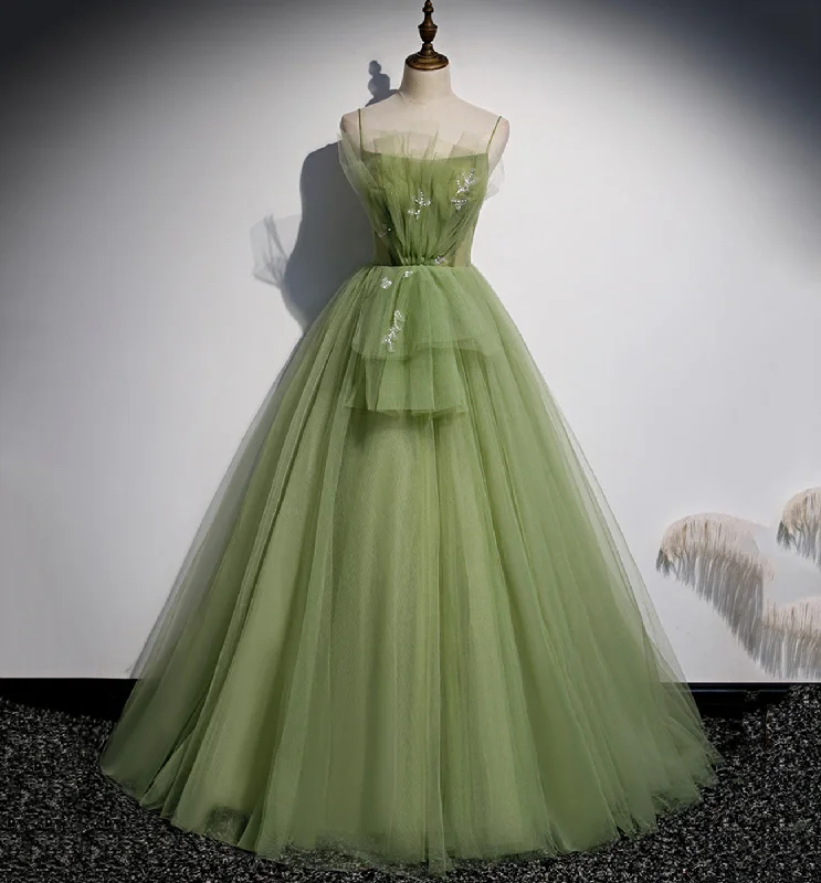 classic prom dressesGreen tulle long A line prom dress  8589