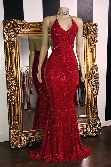 prom dresses with beaded accentsSleeveless Red Mermaid Prom Dress With Seuqins gh639