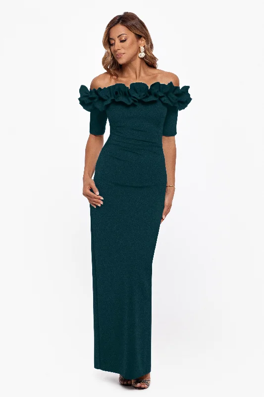 maxi dresses for layering"Isla" Long Crepe Off the Shoulder Ruffle Dress