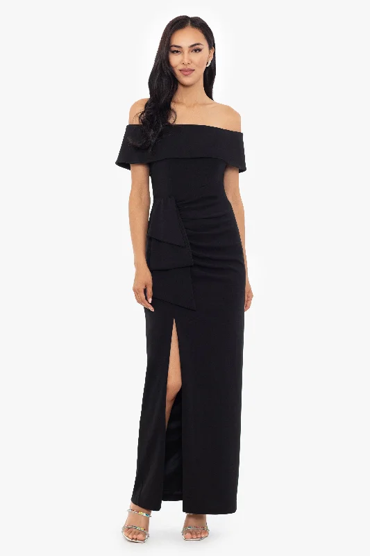 maxi dresses with empire waists"Camila" Long Off the Shoulder Scuba Crepe Dress