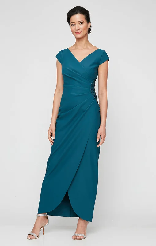 maxi dresses for semi-formal eventsLong Cap Sleeve Compression Sheath Dress with Surplice Neckline and Hip Detail