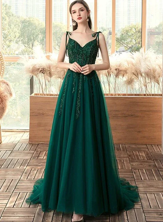 flutter sleeve prom dressesGreen Beaded V-Neckline Straps Tulle Long Formal Dress, Dark Green A-Line Prom Dress gh78