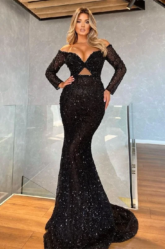 budget-friendly prom dressesBlack Long Sleeves V-Neck Mermaid Prom Dress With Sequins gh779