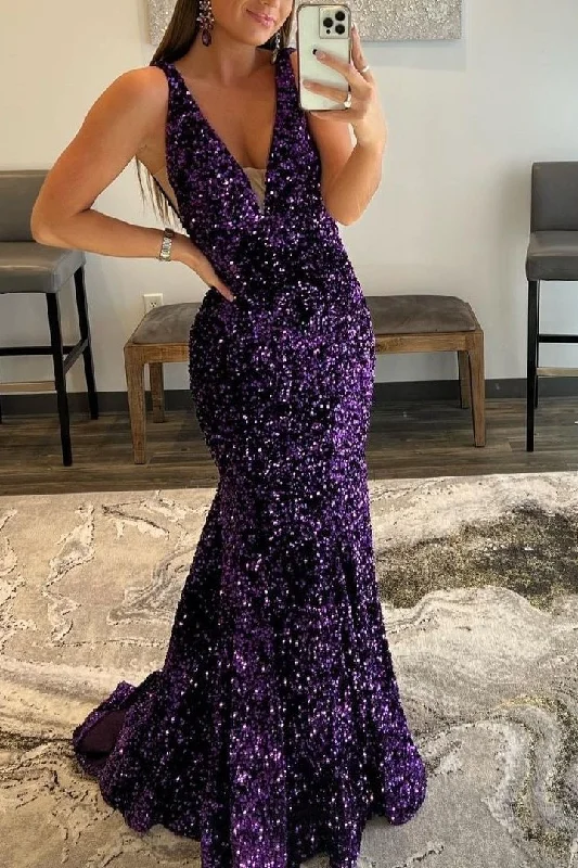 prom dresses for tall girlsPurple V-Neck Long Mermaid Prom Dress With Sequins  gh748