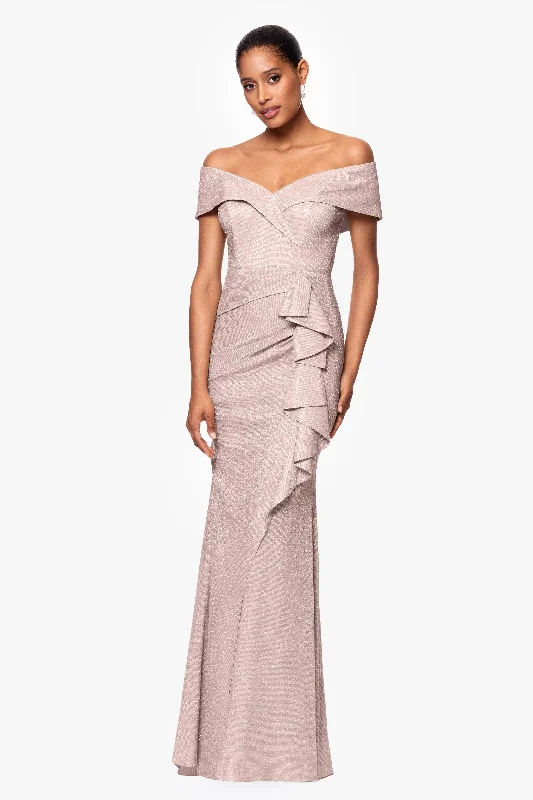 maxi dresses for cocktail parties"Raveena" Long Foil Knit Off the Shoulder Floor Length Ruffle Dress