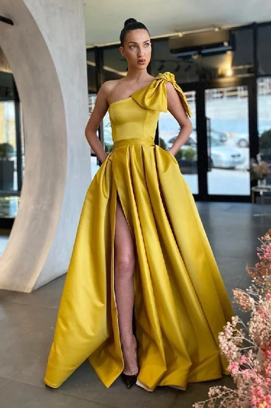 high-slit prom dressesYellow One-Shoulder Prom Dress Split With Pockets gh755