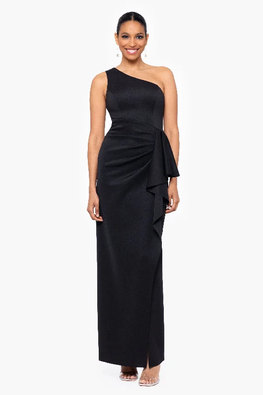 maxi dresses with sequined detailsPetite "Tana" Long Scuba One Shoulder Ruffle Floor Length Dress