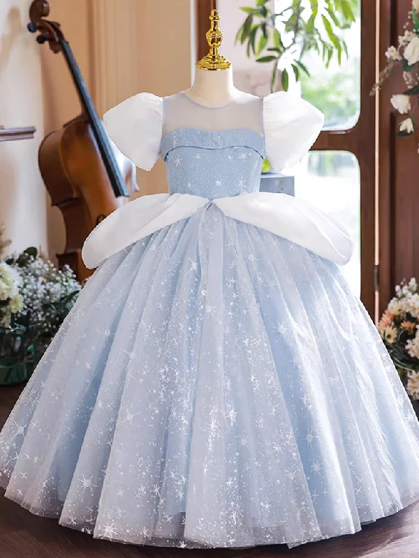 maxi dresses with back pocketsA-Line Puff Sleeves Tulle Lace Blue Long Flower Girl Dress