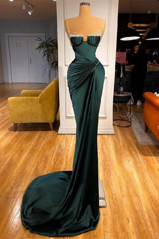 floral prom dressesDark Green Spaghetti-Straps Mermaid Prom Dress gh671