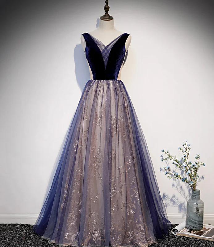 prom dress style guidesBlue v neck tulle long A line prom dress formal dress  8636