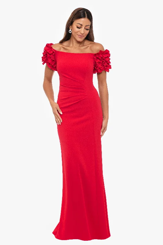 maxi dresses for all seasons and occasionsPetite "Sandy" Long Off the Shoulder Ruffle Scuba Crepe Floor Length Dress