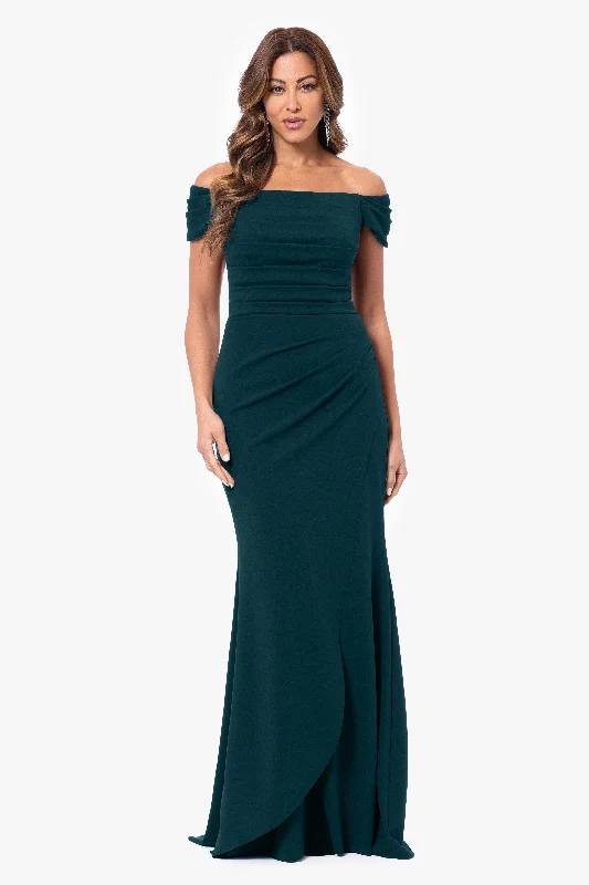 maxi dresses for winter (with tights)"Dani" Long Scuba Crepe Off the Shoulder Rouched Dress