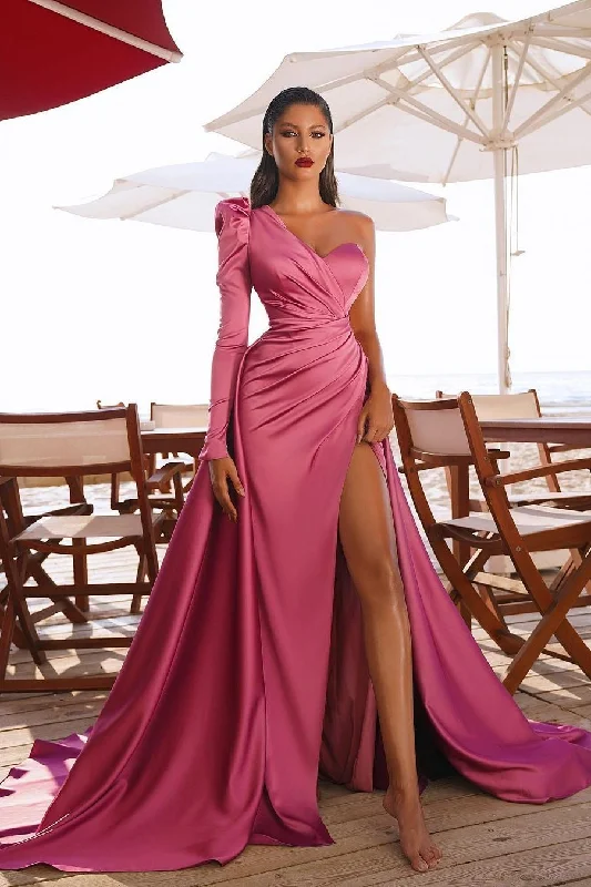 mid-length prom dressesOne Shoulder Long Sleeves Prom Dres With Split  gh700