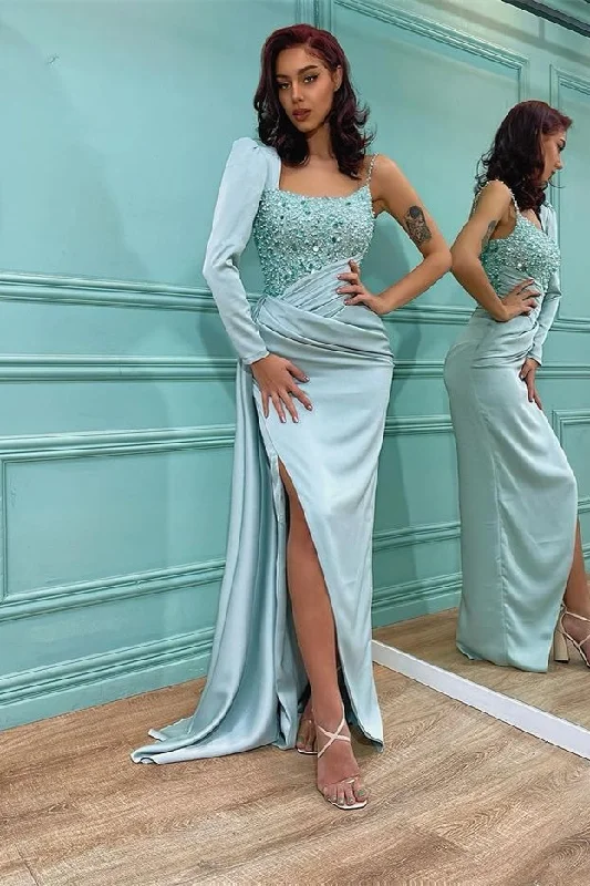 fitted prom dressesElegant One Shoulder Long Sleeve Sequins Mermaid Prom Dress With Split gh785